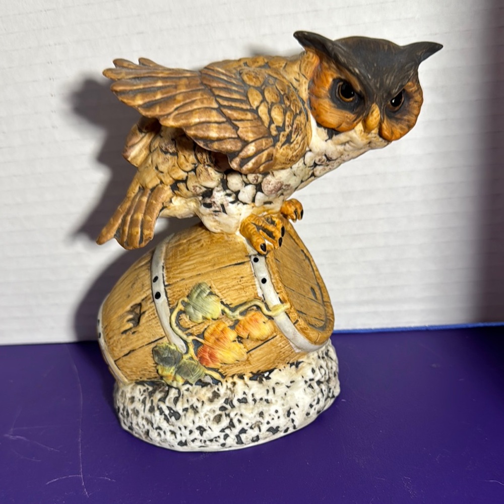 Charming Owl Figurine on Barrel - Brown and Tan